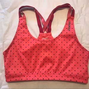 Reebok Playdry sports bra, pink w/ polka dots